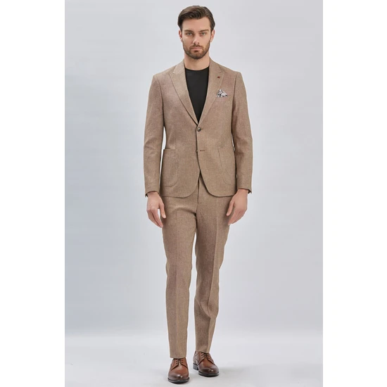 İmza Kahverengi Kırlangıç Yaka Pamuklu Keten 6 Drop Slim Fit Dar Kesim Klasik Takım Elbise 1001240103