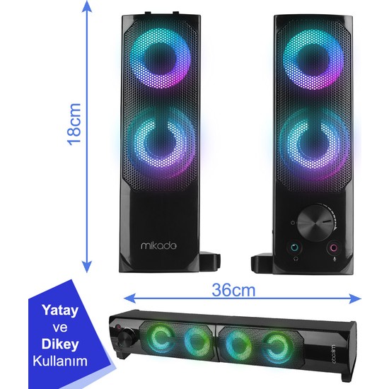 Mikado MD-S102 2.0 RGB Ledli Siyah USB Soundbar Hoparlör 3Wx2CH Estetik Tasarım ve Güçlü Ses