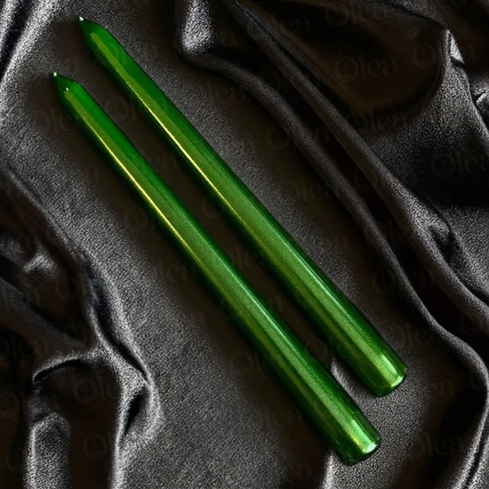 Yeşil Metalik Şamdan Mum - Konik - Kokusuz - 2’Li - Metalik Parlak Renk - 2,2 x 25  cm