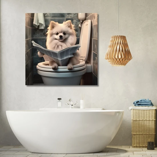 Gaagart Tekli Kare Kanvas Banyo Tablosu Gazete Okuyan Krem Pomeranian