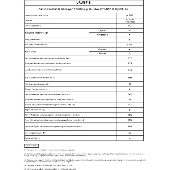 Altus Al 91 Yb B Enerji Sınıfı 9 Kg Kurutma Makinesi Fiyatı