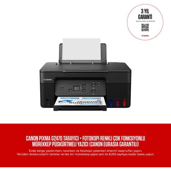 Canon Pixma G2470 Tarayıcı + Fotokopi Renkli Çok Fonksiyonlu Mürekkep Püskürtmeli Yazıcı (Canon Eurasia Garantili)