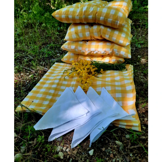 Cebera MG Piknik Seti Takımı - Piknik Örtüsü Takımı - Pötikare Örtüsü, 4 Adet Yastık ve 4 Adet Kumaş Mendili