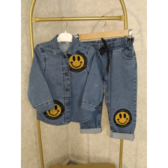 Shifa Kids Gülen Yüz Nakış Işlemeli Kot Gömlek Pantolon Erkek Çocuk Takım