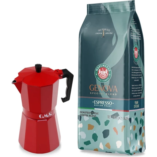 Mare Mosso Caffe ê Vendite Genova Espresso Kahve 1kg. & Moka Pot 6 Cup. (Kırmızı) 1. Set