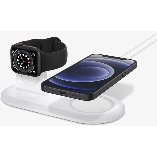 Spigen MagFit iPhone & Apple Watch için Stand Dock Şarj Ünitesi Duo 2in1 White - AMP02797