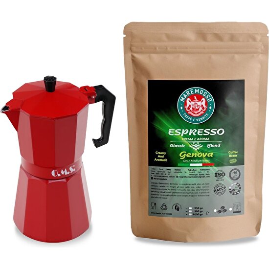 Mare Mosso Caffe ê Vendite Genova Espresso Kahve 250 Gr. & Moka Pot 6 Cup. (Kırmızı) 1. Set