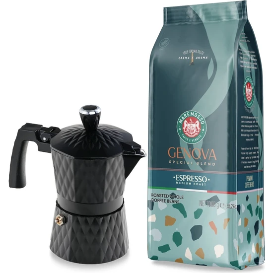 Mare Mosso Caffe ê Vendite Genova Espresso Kahve 1kg. & Moka Pot 3 Cup. (Siyah) 1. Set