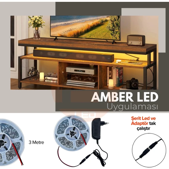 Amber LED 3 Metre Amber Şerit LED Jaklı 3 Dirençli İç Mekan Tak Çalıştır Adaptör Dahil 12V IP20 Yeni Nesil Yüksek Lümen, Tezgah, Dolap, Mutfak, Ayna Aydınlatma İçin