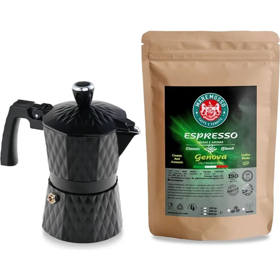 Mare Mosso Caffe ê Vendite Genova Espresso Kahve 250 gr. & Moka Pot 3 Cup. (Siyah) 1. Set