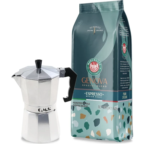 Mare Mosso Caffe ê Vendite Genova Espresso Kahve 1kg. & Moka Pot 6 Cup. (Metalik) 1. Set