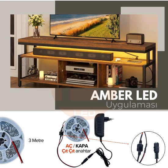 AmberLED 12V Yüksek Parlaklık 4040 Şerit LED Tak Çalıştır Hazır Set, 3 Metre Amber, Çıt Çıt Aç-Kapa Anahtar ve Adaptör Dahil, Gizli Aydınlatma, Mutfak, Tezgah, Dolap İçi ve Ayna İçin