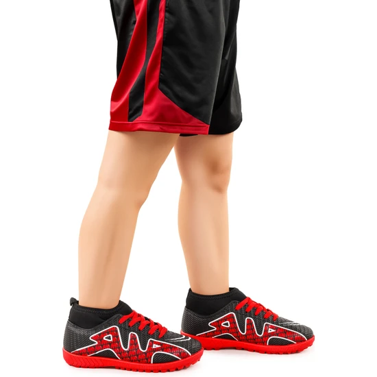 Kiko Kids Persep Boğazlı Halı Saha Erkek Çocuk Futbol Ayakkabı Siyah - Kırmızı