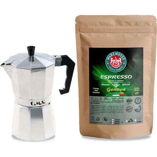 Mare Mosso Caffe ê Vendite Genova Espresso Kahve 250 gr. & Moka Pot 6 Cup. (Metalik) 1. Set