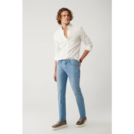 Avva Erkek Mavi Bıyık Eskitme Yıkamalı Slim Fit Ince Denim A41y3506