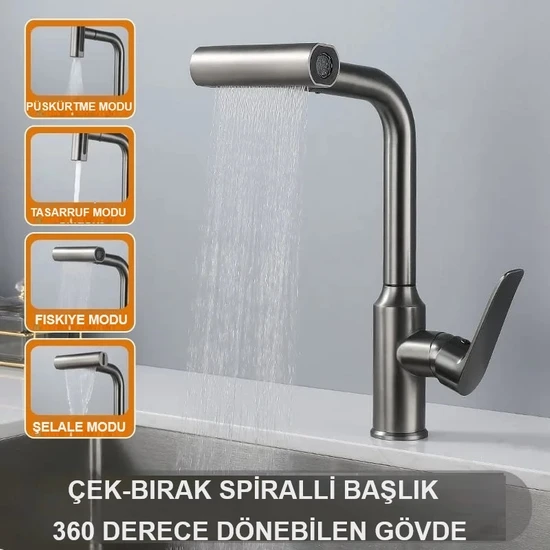 Rena Design Fleko Çok Modlu Spiralli Mutfak Evye Bataryası Şelale Yağmurlama Fonksiyonel