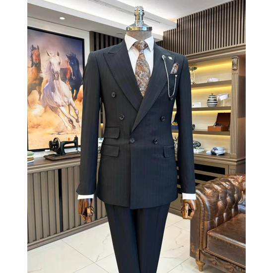 Terzi Adem Altun Italyan Stil Kruvaze Ekose Ceket Pantolon Erkek Takım Elbise Siyah T11126