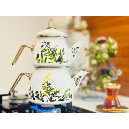 Makri Home Emaye Çaydanlık Takımı,  Mini (Üst:0,7 Litre, Alt:1,2 Litre), (Zeytin Dekorlu, Limon Dekorlu)