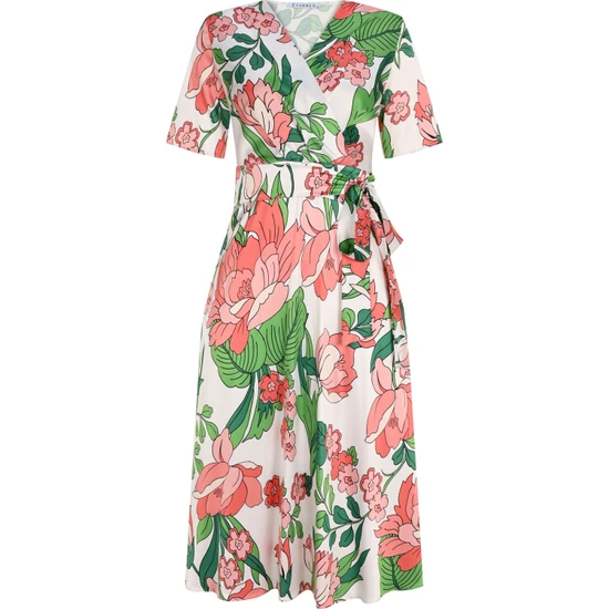 Farren Floral Bahçe Desenli Açık Pembe Midi Wrap Elbise