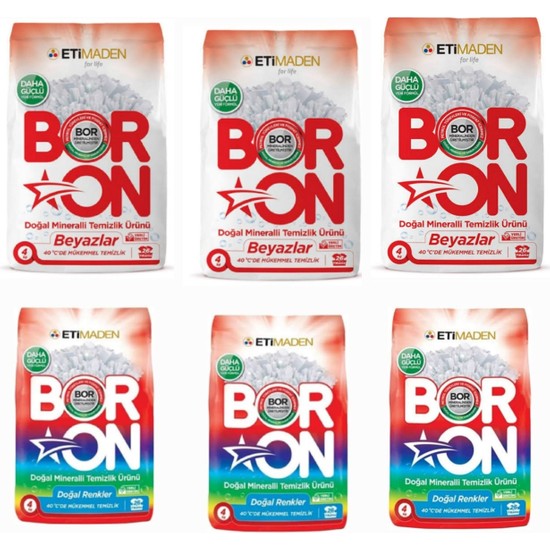 Eti Maden Boron Çamaşır Deterjanı Doğal 3 Adet *4 kg Renkliler+ 3 Adet*4 kg Beyazlar Için