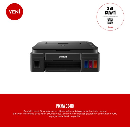 Canon Pixma G3410 Wi-Fi + Tarayıcı + Fotokopi Renkli Çok Fonksiyonlu Tanklı Yazıcı