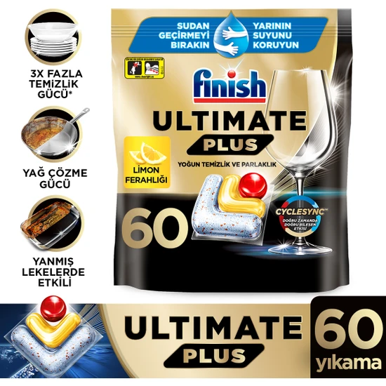 Finish Ultimate Plus Hepsi Bir Arada Limon Ferahlığı 60 Kapsül Bulaşık Makinesi Deterjanı Tableti