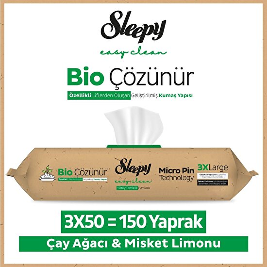 Sleepy Easy Clean Bio Çözünür Çay Ağacı ve Misket Limonu Yüzey Temizlik Havlusu 3X50 (150 Yaprak)