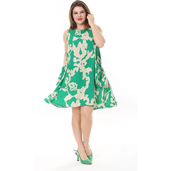 Mooi XXL Kadın Yeşil Bej Karışık Desen Cep Detay Dokuma Elbise