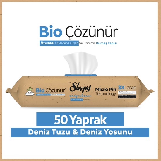 Sleepy Bio Çözünür Yüzey Temizlik Havlusu&Mendili Deniz Tuzu&Yosun 50 Yaprak Günlük Kullanım