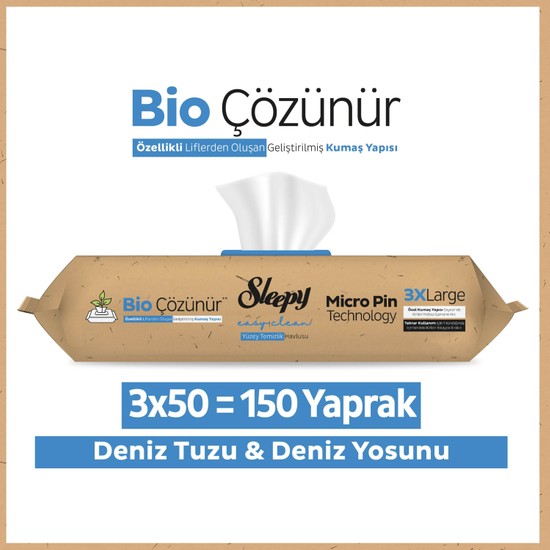 Sleepy Bio Çözünür Yüzey Temizlik Havlusu&Mendili Deniz Tuzu&Yosun 3x50 (150 Yaprak)