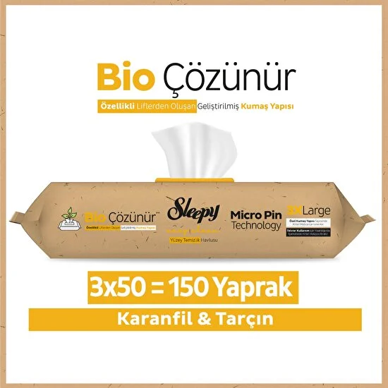 Sleepy Easy Clean Bio Çözünür Karanfil ve Tarçın Yüzey Temizlik Havlusu 3X50 (150 Yaprak)