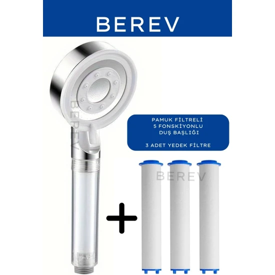 Berev Filtreli 5 Fonksiyonlu Krom Yüksek Basınçlı Ayarlanabilir Duş Başlığı 3 Adet Duş Başlığı Filtresi
