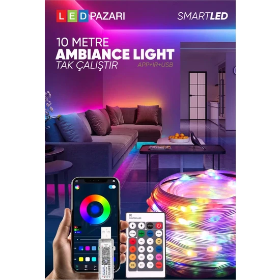 10 Metre Rgb Ses Kontrollü Kumandalı Telefon Kontrollü Kayar Magic LED Müzik Rgb Şerit Su Geçirmez