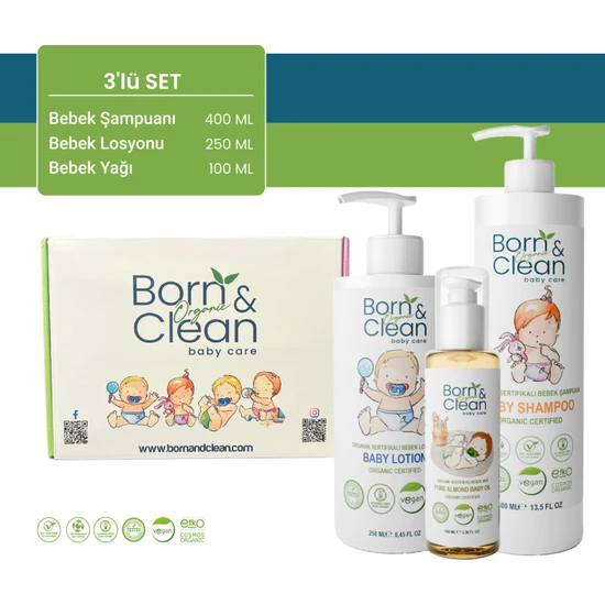 Born And Clean  Sertifikalı 3'lü Set Bebek Şampuan + Yağ+ Losyon