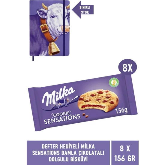 Milka Defter Hediyeli Milka Sensations Damla Çikolatalı ve Dolgulu Bisküvi 156 gr - 8 Adet