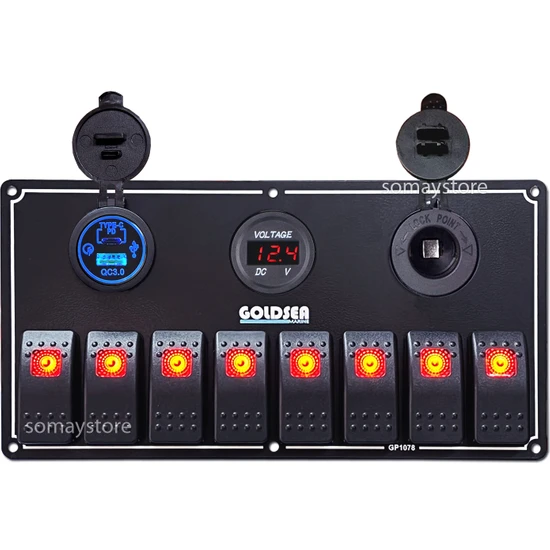 Goldsea Marine Switch Panel 8 Anahtarlı Usb Type-C + Voltmetre + Şarj Soketli 12-24V 120x235mm Kırmızı