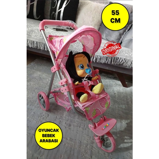 3 Tekerlekli Metal Iskeletli Katlanabilir Çilek Desenli Çocuk Oyuncak Bebek Arabası Puset - 55 cm