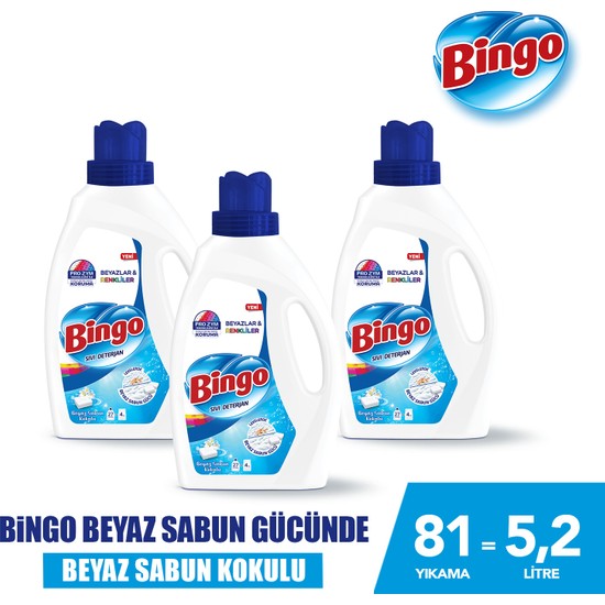 Bingo Sıvı Çamaşır Deterjanı Beyaz Sabun 1755 ml 3lü Pro Zym Teknolojisi ile Hassas Temizlik