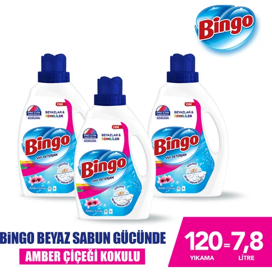 Bingo Sıvı Performans Çamaşır Deterjanı Amber Çiçeği 2600 ml 3lü