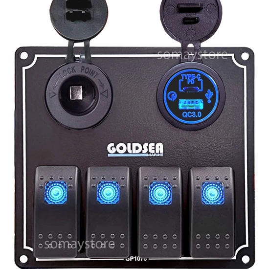 Goldsea Switch Panel 4 Anahtarlı Kontrol Paneli Şarj + Usb Type-C Mavi Işık 12-24v 120X130mm