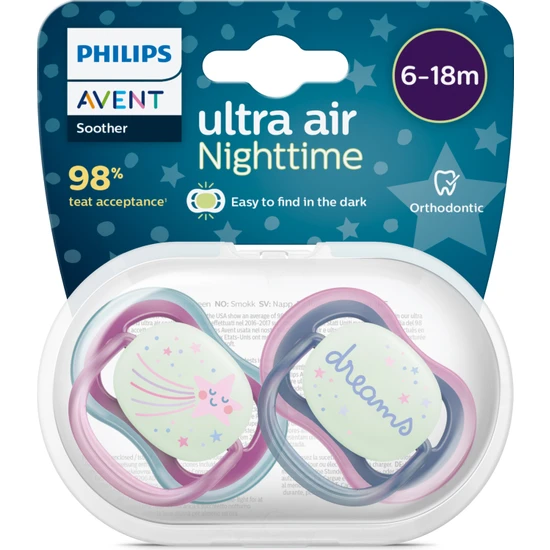 Philips Avent Ultra Air Gece Emziği 6-18 Ay, 2'li Paket, Kız SCF376/14