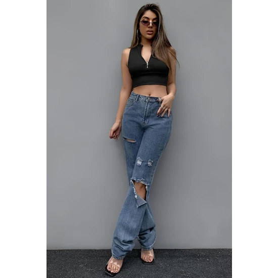 Adisia Kadın Siyah Fitted Slim Yarım Fermuarlı Kolsuz Crop