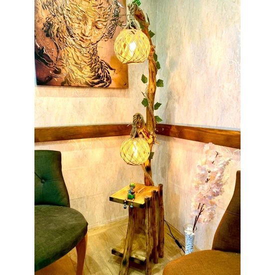 Menal Art Ağaç Lambader 160-165 cm Iki Lambalı Safranbolu Serisi Kitaplık Lambader Doğal Ahşap Köşe Aydınlatma