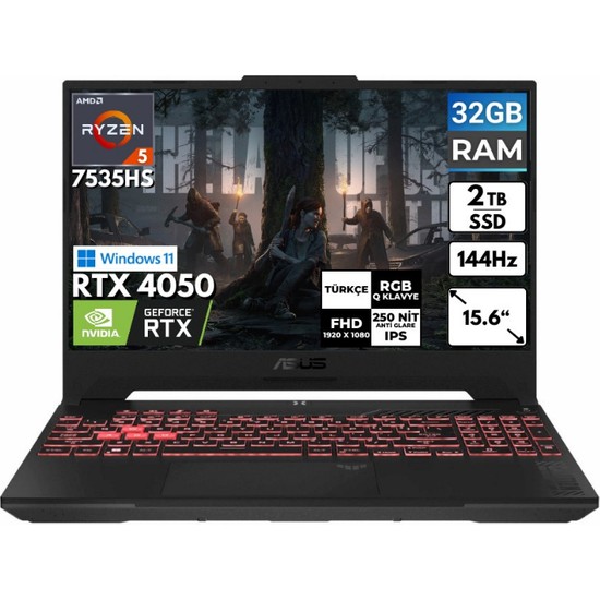 Asus Tuf Gaming A15 Ryzen 5-7535HS 32 GB 2 Tbssd RTX4050 15.6'' Fhd Windows 11 Pro Taşınabilir Bilgisayar FA507NU-LP157 BT67