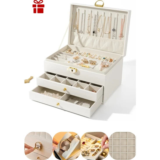 Ecrou Modern 2 Çekmeceli Takı Mücevher Kutusu Organizer Düzenleyici Beyaz 13 x 23 x 10 cm