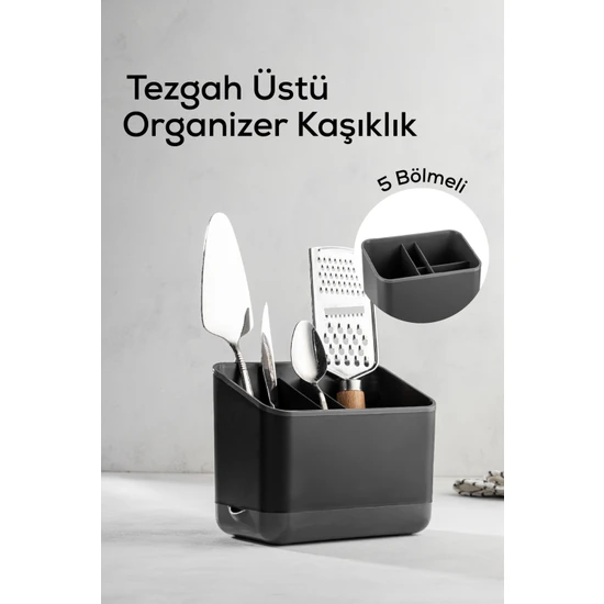 Vienev 5 Bölmeli Organizer Kaşıklık Tezgah Üstü Kaşık Düzenleyici Antrasit