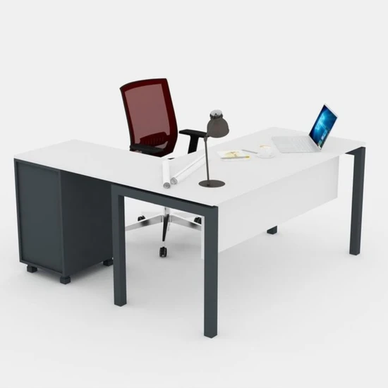 Çağın Ofis Mobilyaları Galaxy 140 cm Yüksek Kesonlu Beyaz Çalışma Ofis Masa (Beyaz/antrasit)