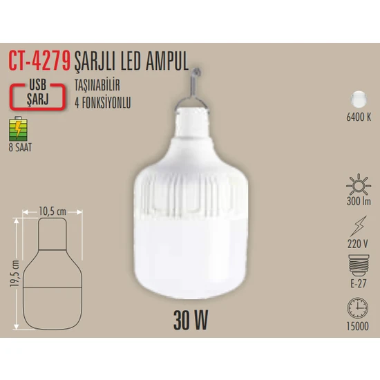 Cata CT-4279 Şarjlı Ampul 30W