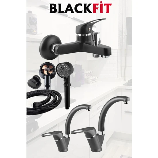 Blackfit Siyah Mix Banyo Bataryası Mutfak Bataryası Lavabo Bataryası Pervaneli Duş Başlığı Set