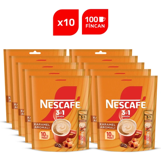 Nescafé 3ü1 Arada Karamel Aromalı Çözünebilir Kahve 10 x 10'lu Paket (10x17,6g)